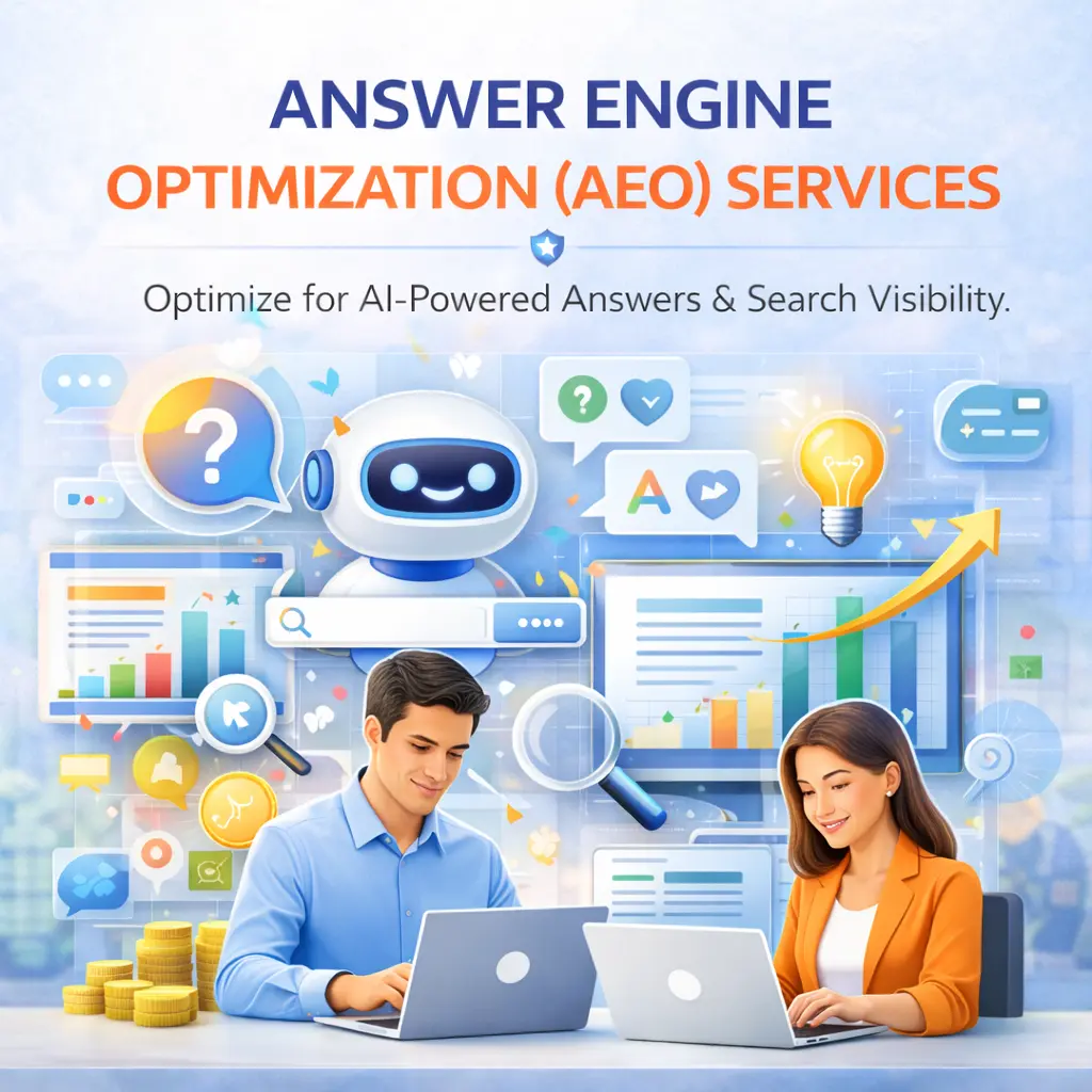 Answer Engine Optimization services illustration with AI chatbot, search results, analytics dashboard, and voice search optimization visuals