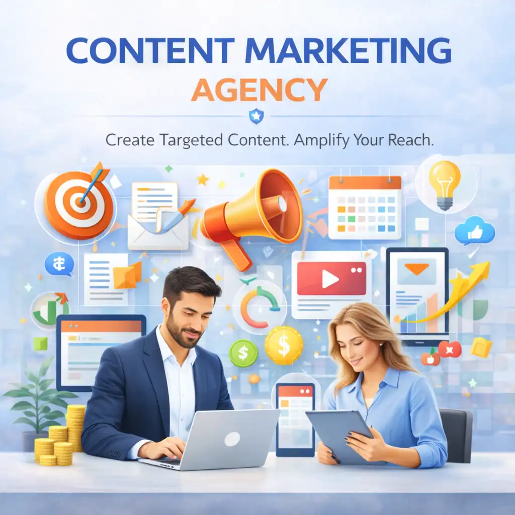 Content marketing agency illustration with team, content publishing elements, campaign planning, analytics, and brand growth visuals