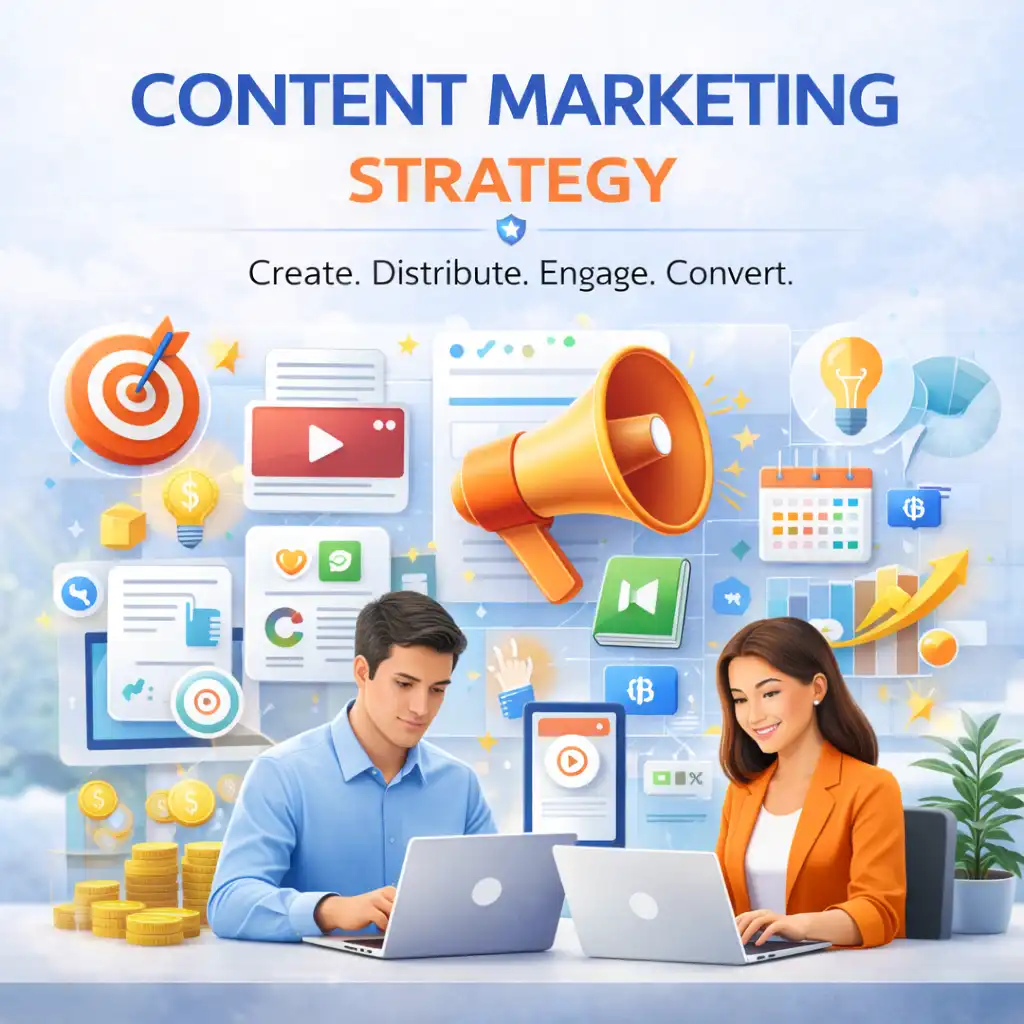 Content marketing strategy illustration with content planning icons, publishing workflow, audience targeting, analytics, and lead growth visuals