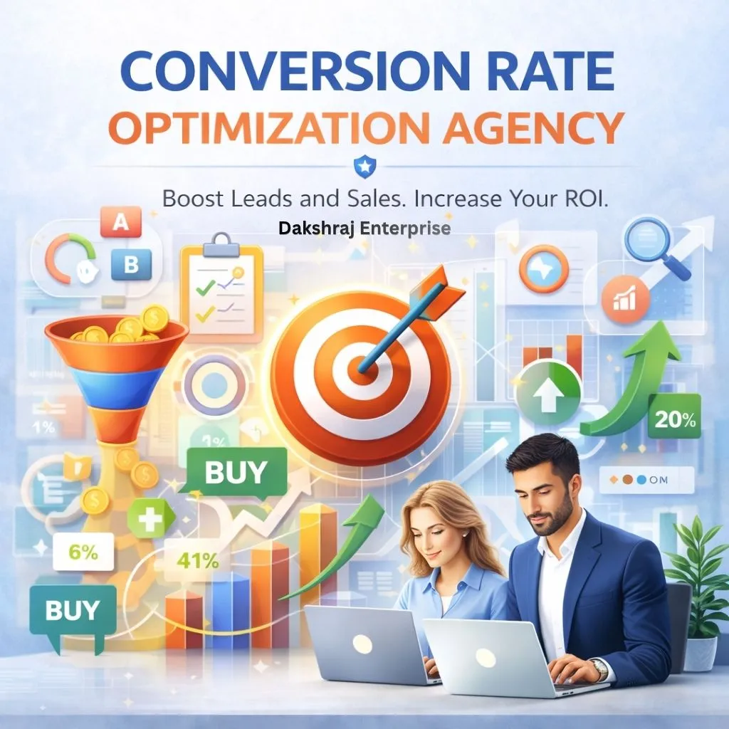 Conversion rate optimization agency illustration with team, analytics dashboard, funnel optimization, testing elements, and growth metrics