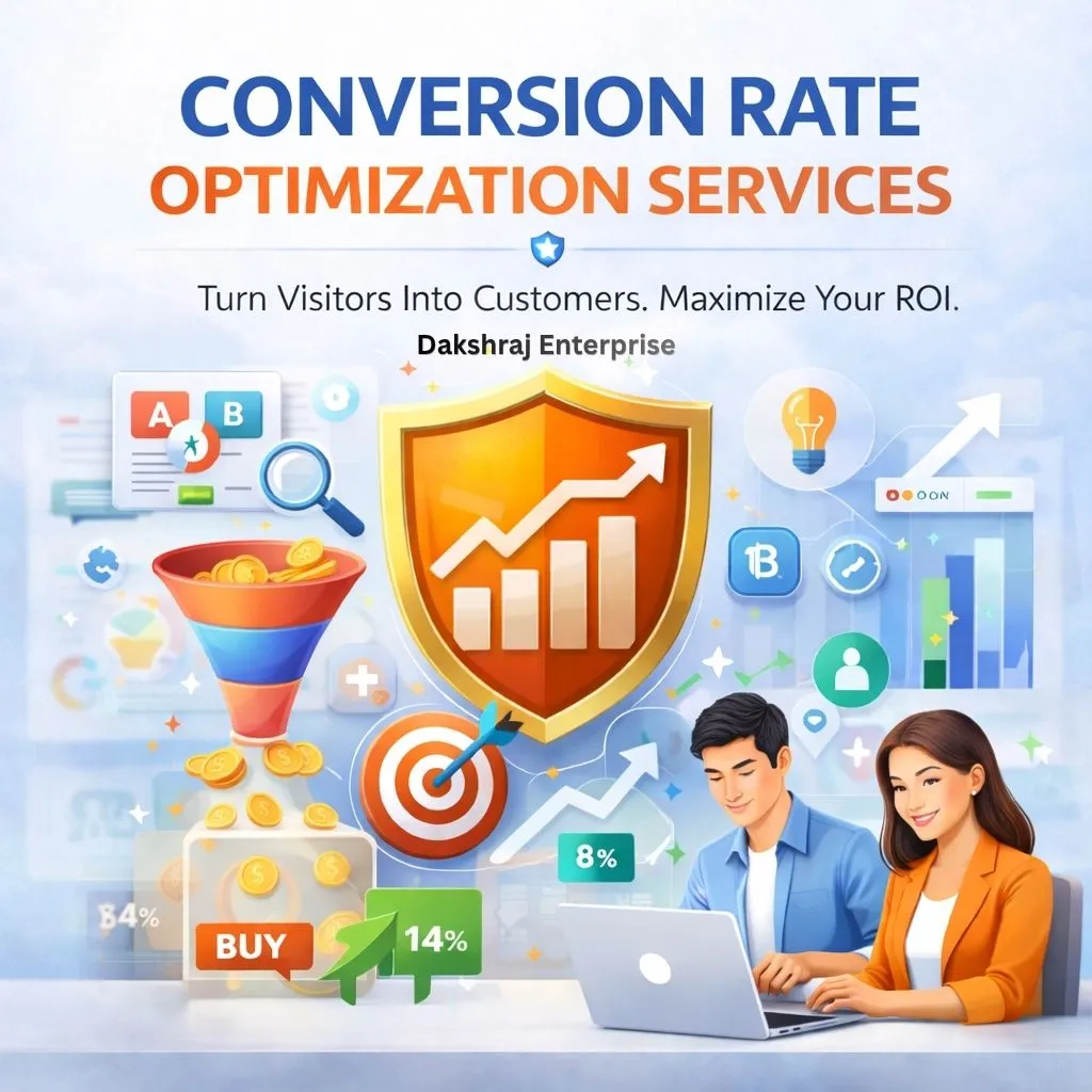 Conversion rate optimization services illustration with A/B testing, funnel graphics, analytics, UX optimization, and higher conversion visuals