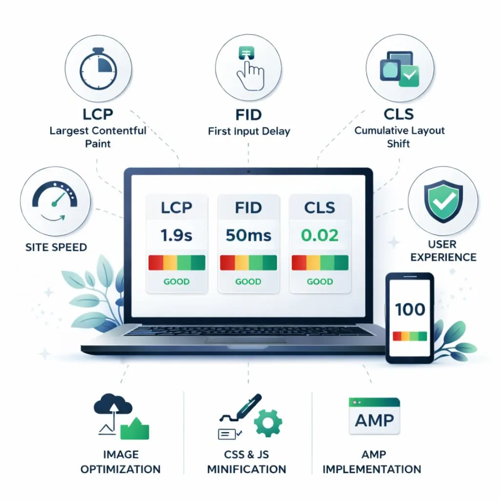 Core Web Vitals optimization illustration showing LCP FID CLS site speed user experience image optimization and CSS JS minification