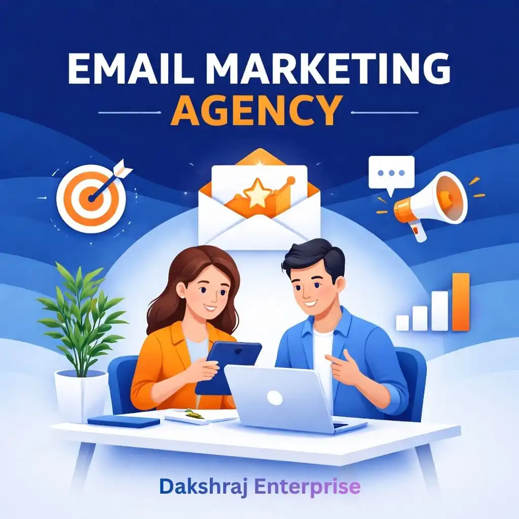 Email marketing agency illustration with team, envelope, target, analytics, and campaign delivery icons