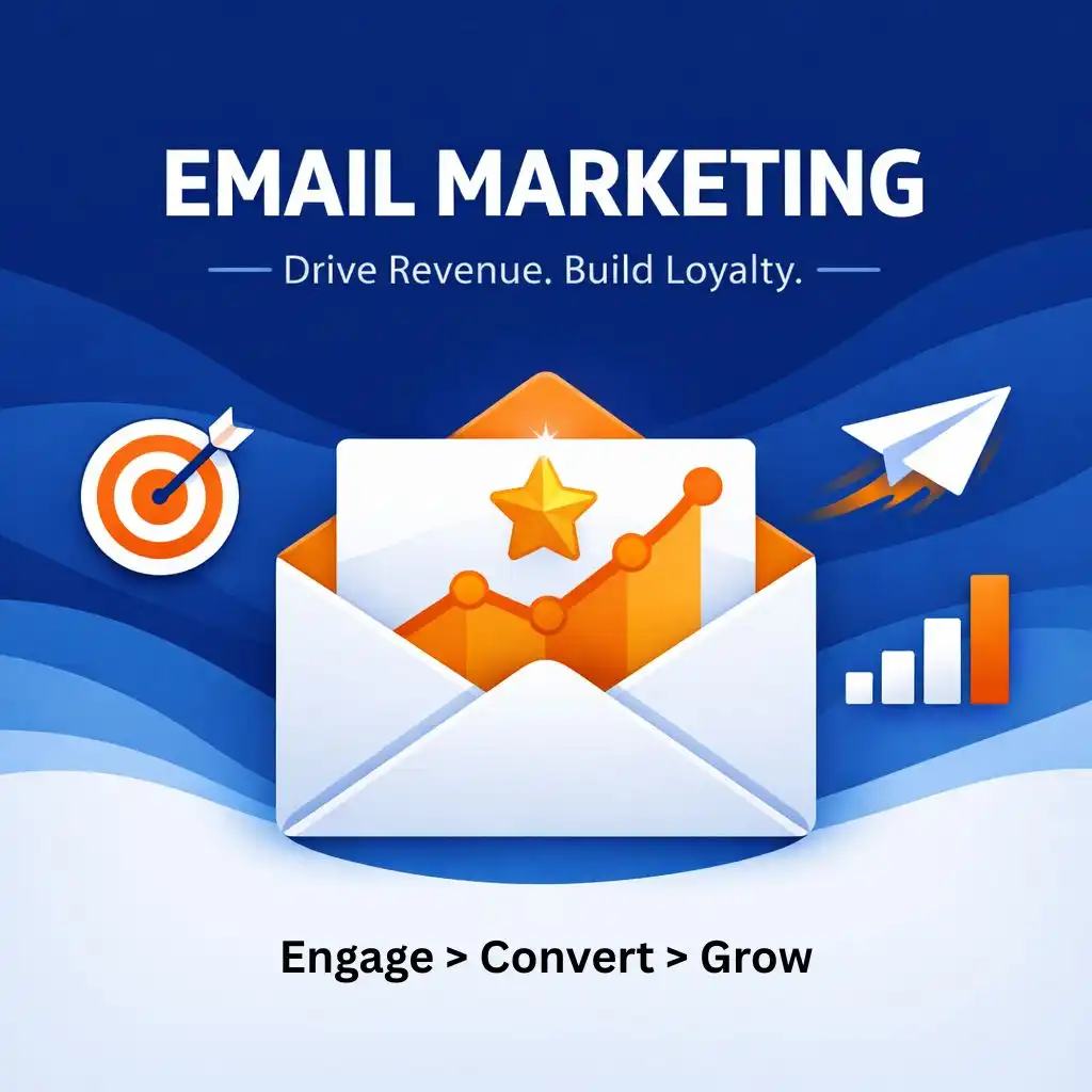 Email marketing services illustration with envelope, growth chart, target icon, and delivery symbol for revenue growth