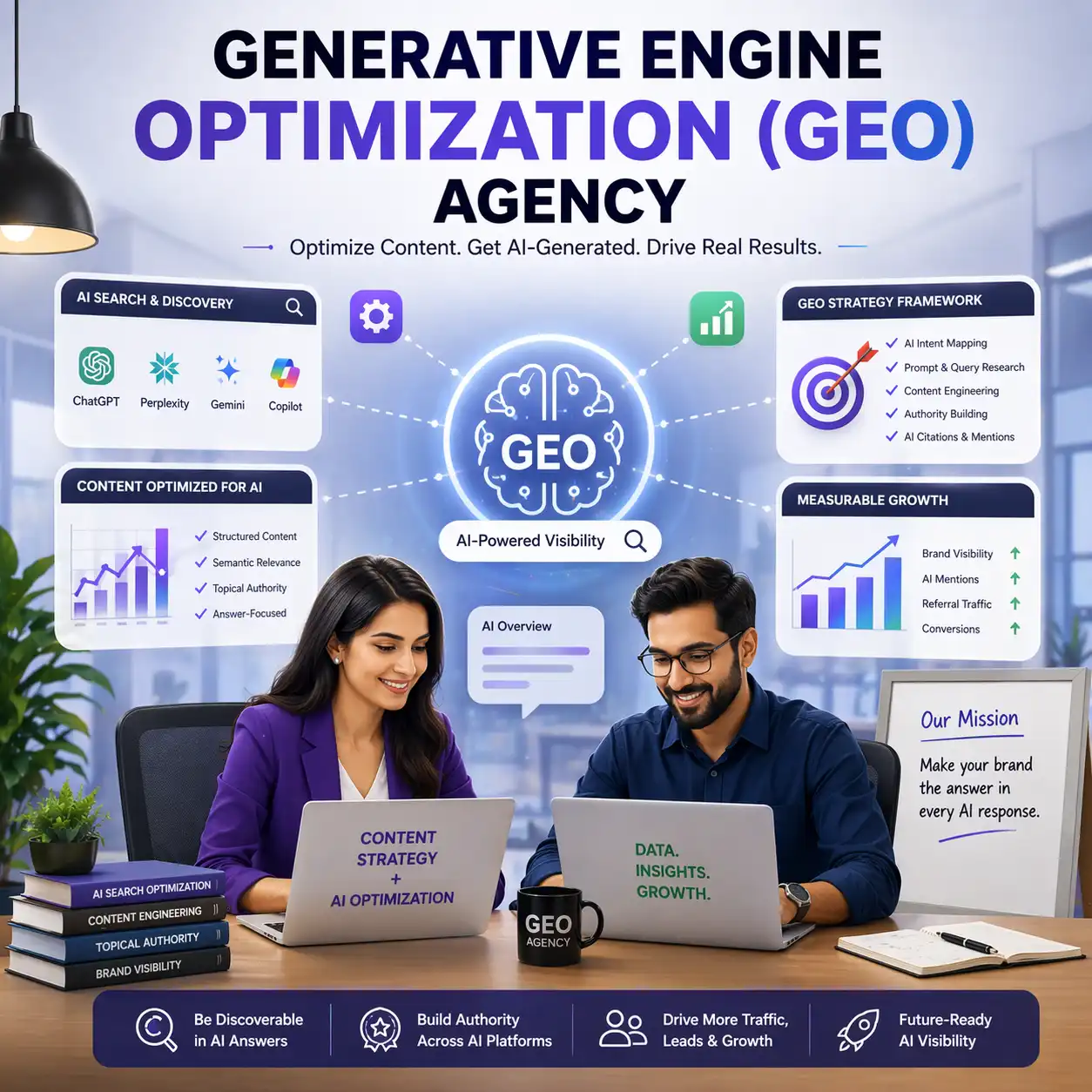 Generative Engine Optimization agency illustration with team, AI content workflow, citation growth dashboards, and generative search visibility elements