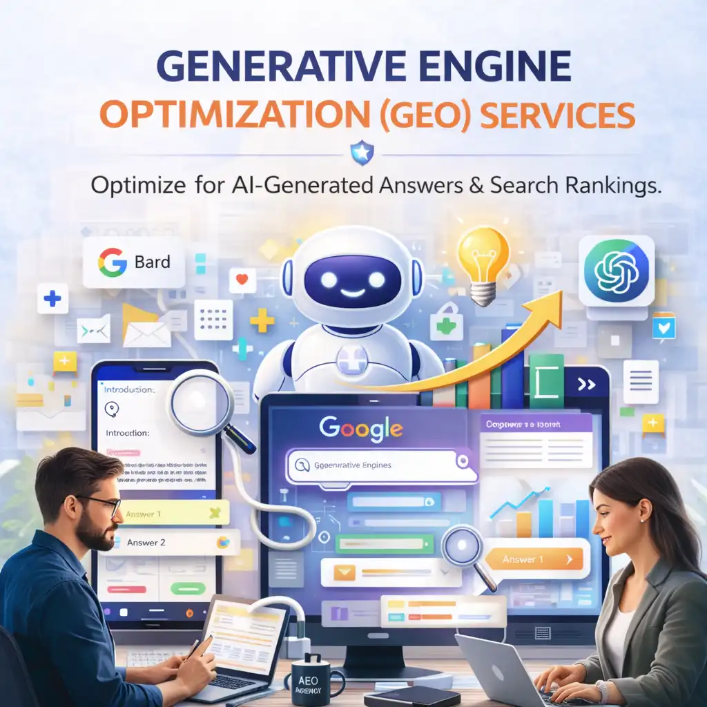 Generative Engine Optimization services illustration with AI search interfaces, brand citation signals, analytics dashboard, and conversational search optimization visuals