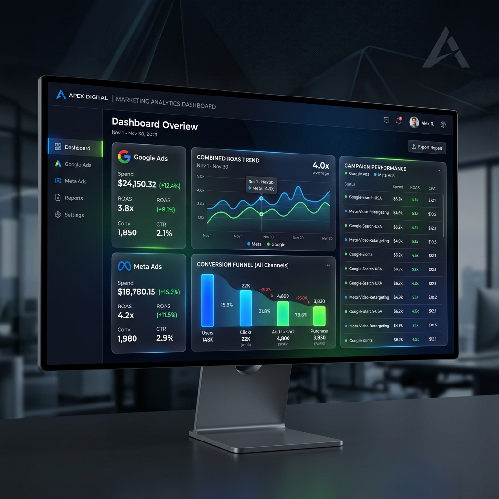Performance Marketing Campaign Dashboard showing real-time ROAS and conversion metrics across Google Ads and Meta Ads