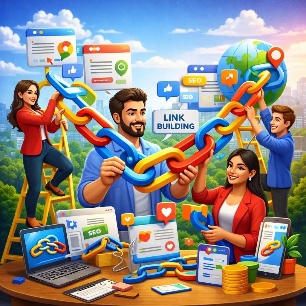 Link building services in Kolkata showing team creating high quality backlinks for SEO growth