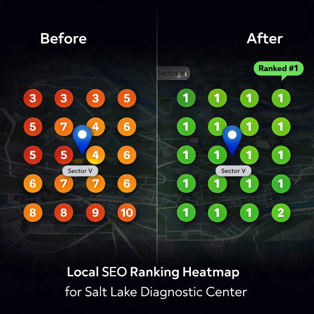 Before and after local SEO ranking heatmap for Salt Lake diagnostic center
