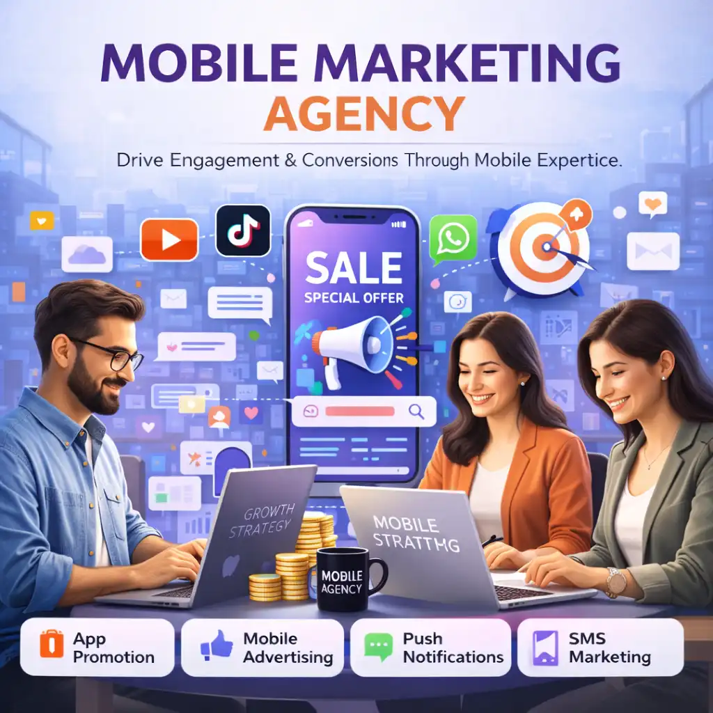 Mobile marketing agency illustration with team, smartphone marketing interface, app promotion, messaging automation, and user growth visuals