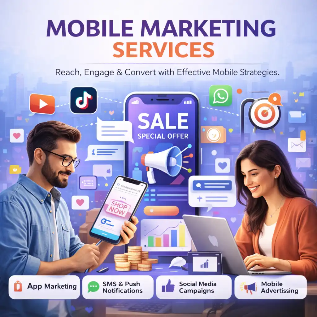 Mobile marketing services illustration with smartphone campaign visuals, app marketing, push notifications, analytics, and conversion growth elements
