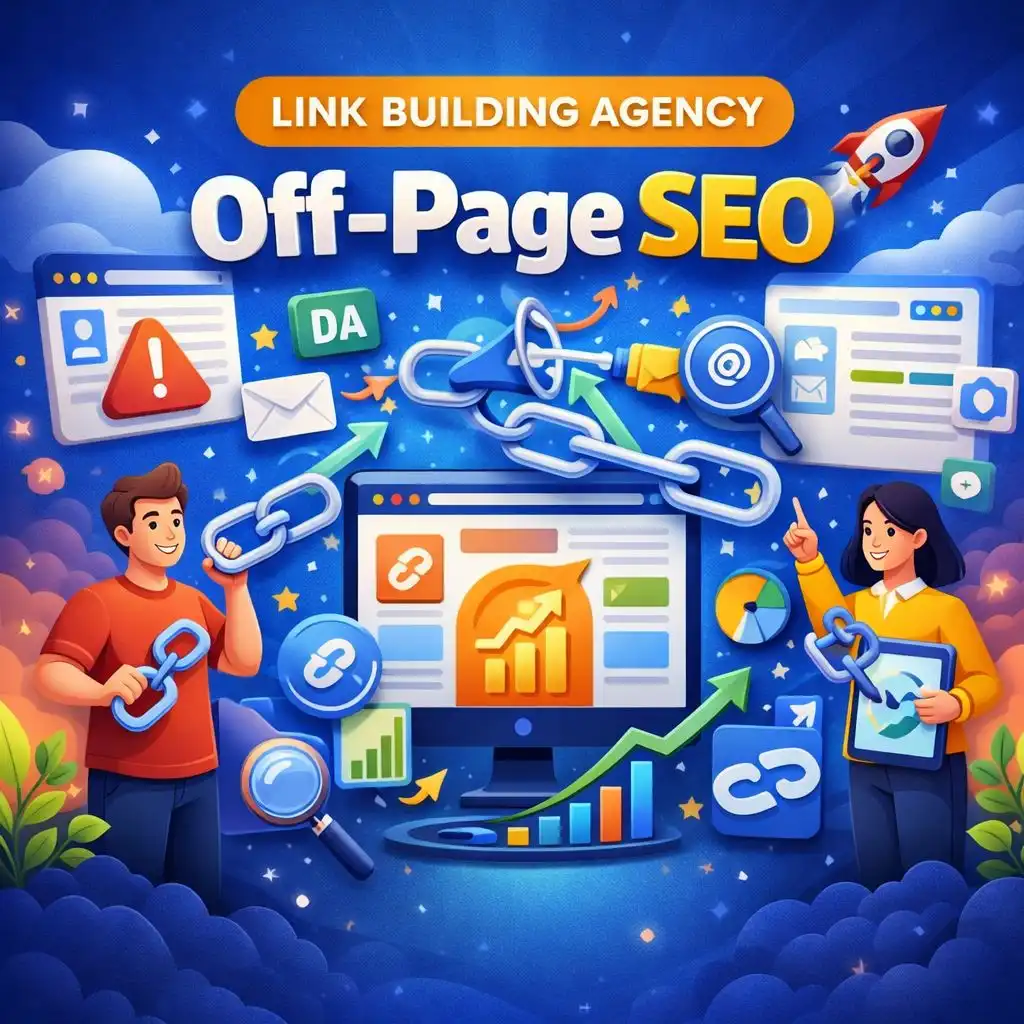 Vector illustration of an off page SEO link building agency creating high authority backlinks for stronger rankings and domain authority