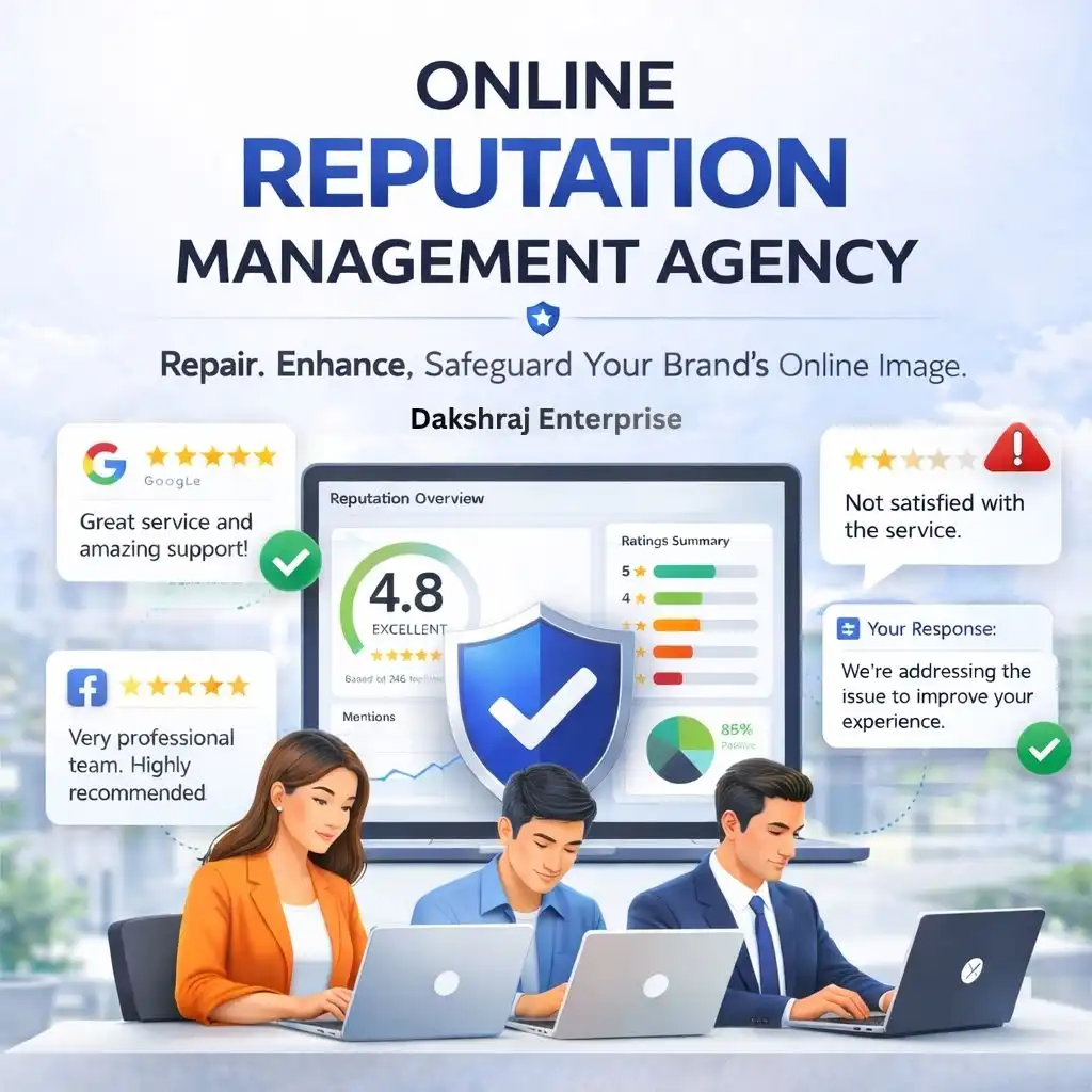 Online reputation management agency illustration with team, reputation dashboard, review response elements, and brand trust graphics