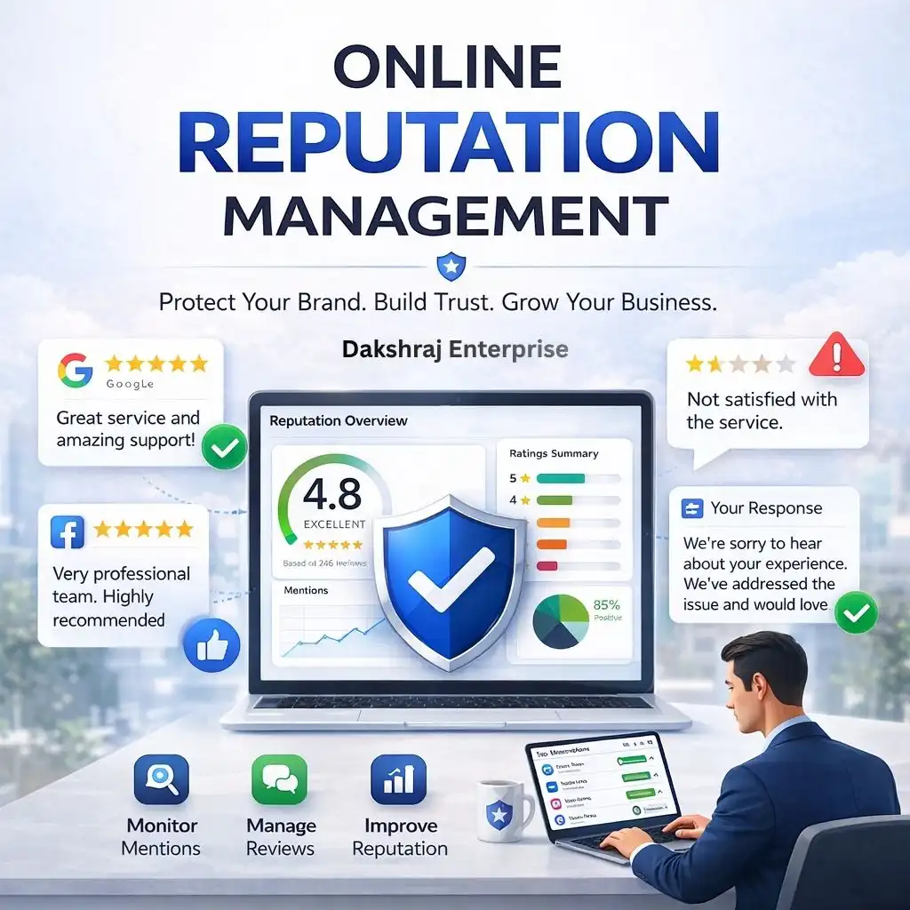 Online reputation management services illustration with review dashboard, shield icon, reputation monitoring, and brand protection visuals