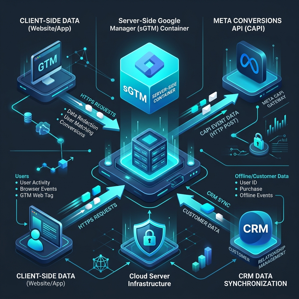 Data flow diagram of Server-Side Google Tag Manager sGTM and Meta Conversions API CAPI server tracking setup