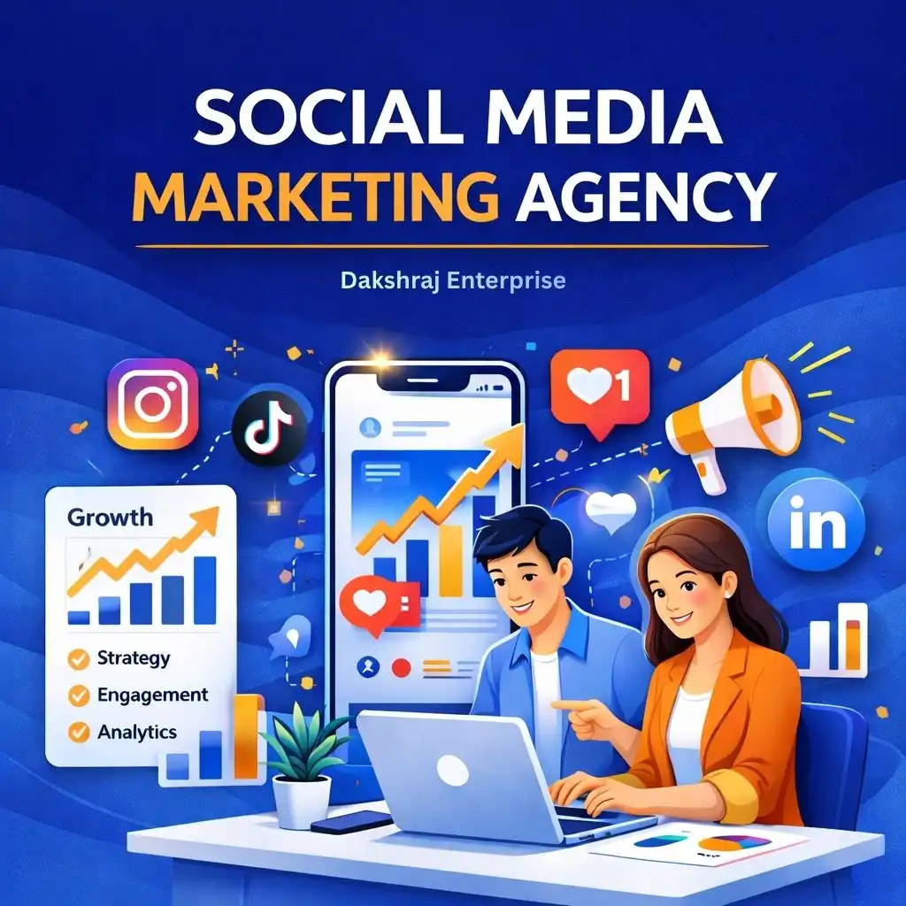 Social media marketing agency illustration with team, laptop, analytics card, growth chart, and social media icons