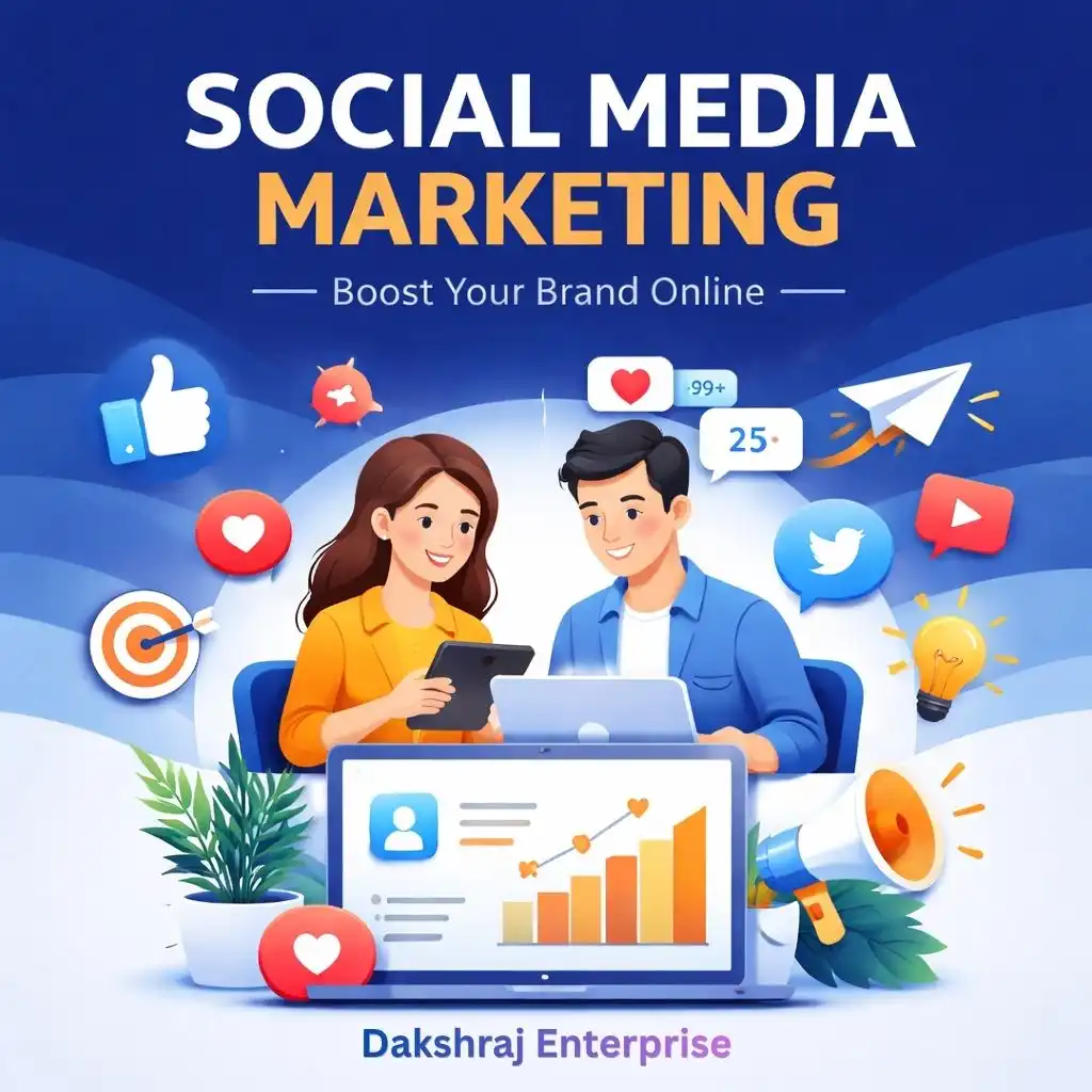 Social media marketing services illustration with smartphone, analytics, social platform icons, growth chart, and brand engagement visuals