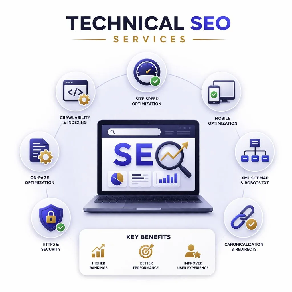 Technical SEO services illustration showing crawlability indexing site speed core web vitals and website optimization