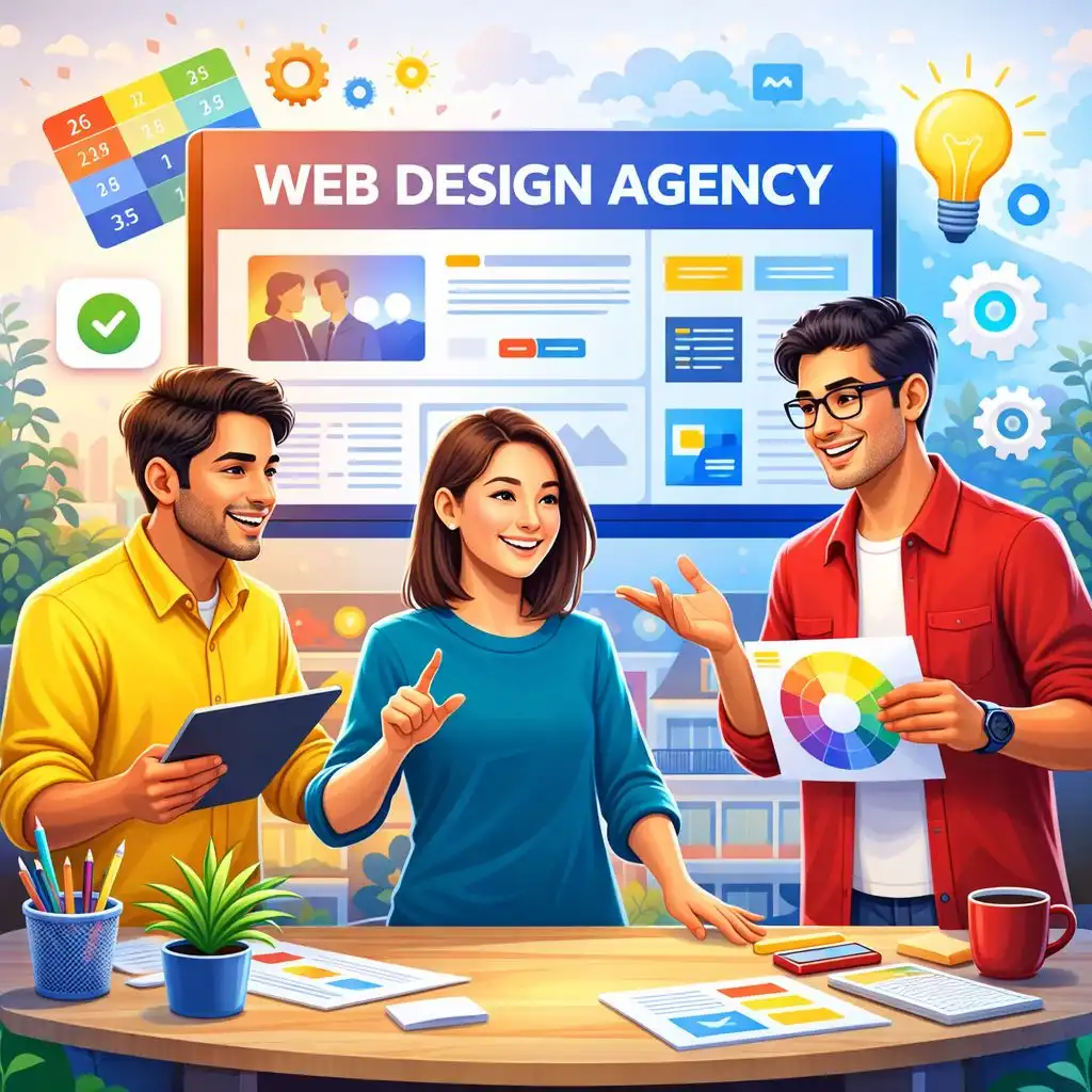 Creative team discussing website layout and user interface for a web design agency in Kolkata