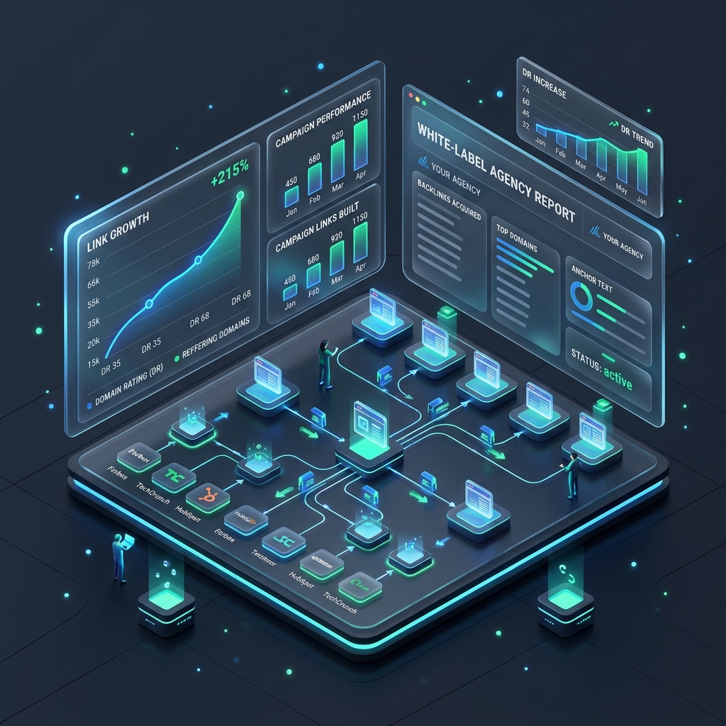 White-label link building for SEO agencies showing unbranded dashboard and backlink growth metrics