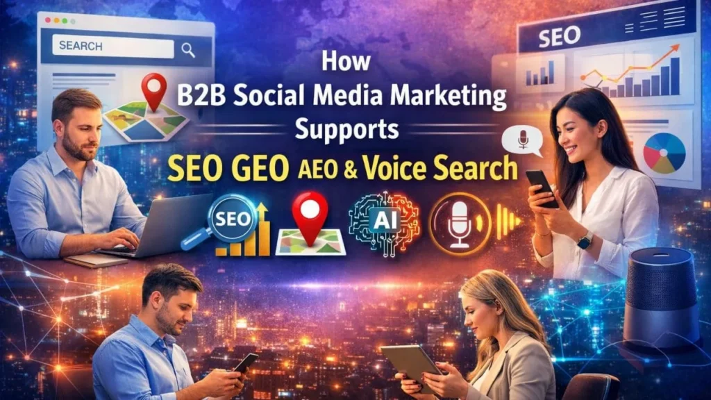 How B2B Social Media Marketing Supports SEO GEO AEO and Voice Search