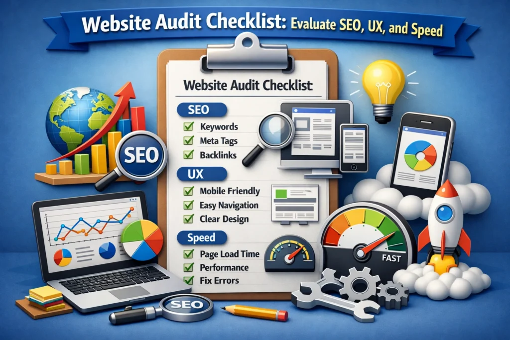 Website audit checklist with key iconsWebsite audit checklist