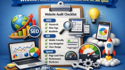 Website audit checklist with key iconsWebsite audit checklist